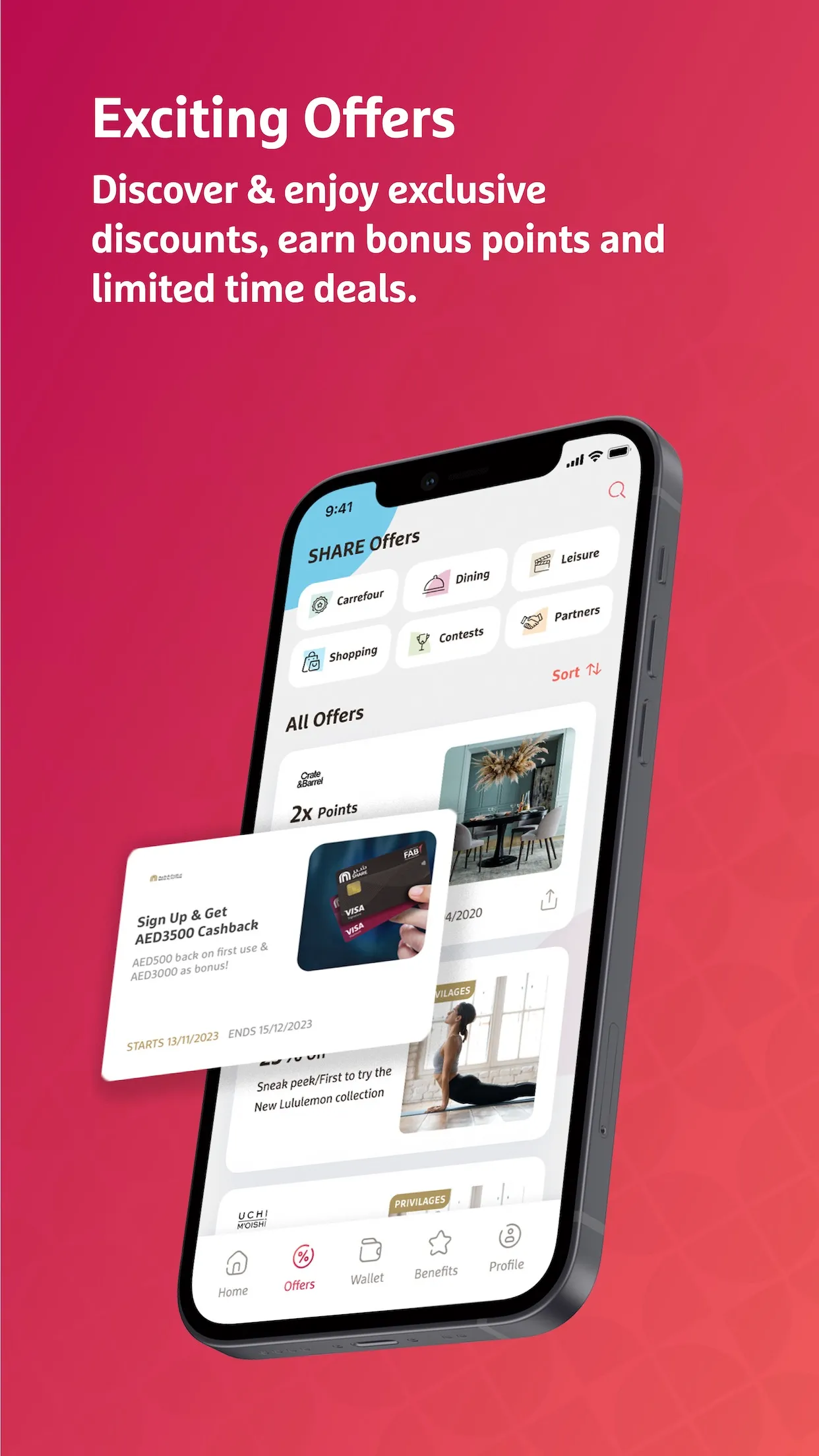 SHARE Rewards App Store screenshot — "Exciting Offers" pink phone mockup