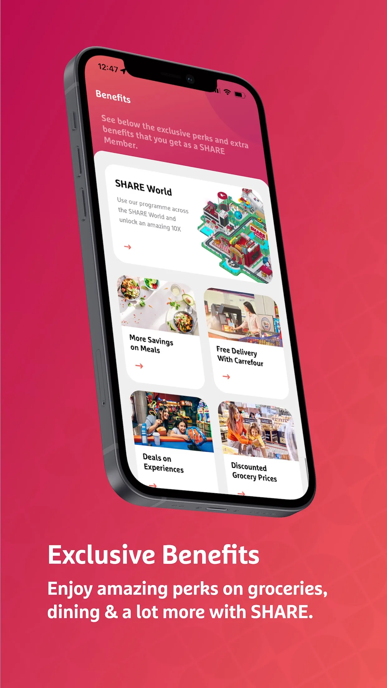 SHARE Rewards App Store screenshot — "Exclusive Benefits" pink phone mockup