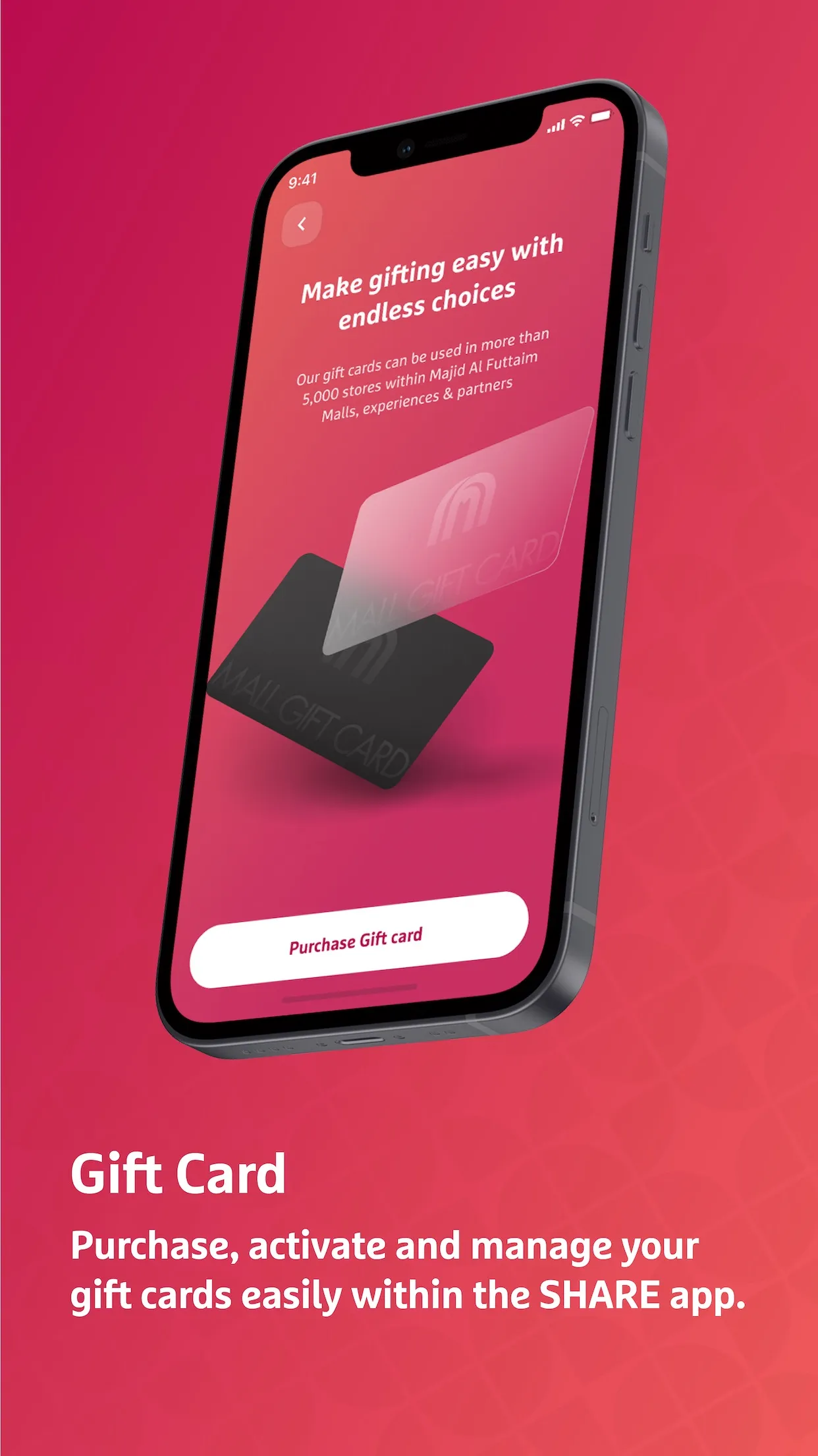 SHARE Rewards App Store screenshot — "Gift Card" pink phone mockup