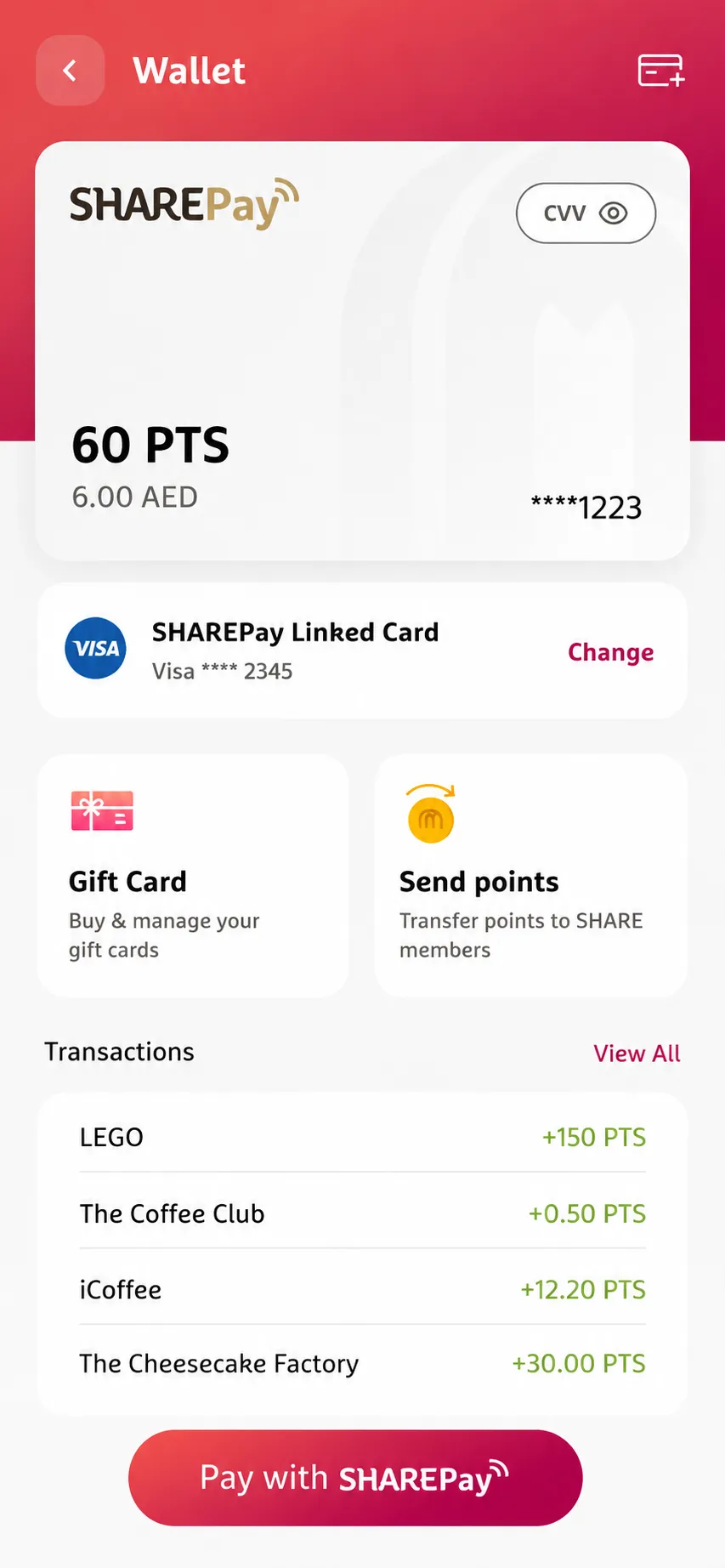 SHARE Rewards wallet — SHARE Pay card, points balance and partner transactions