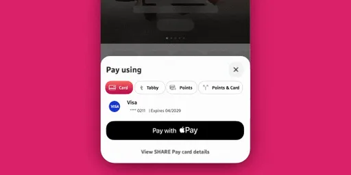 SHARE Rewards web showcase — "pay your way" animated app UI