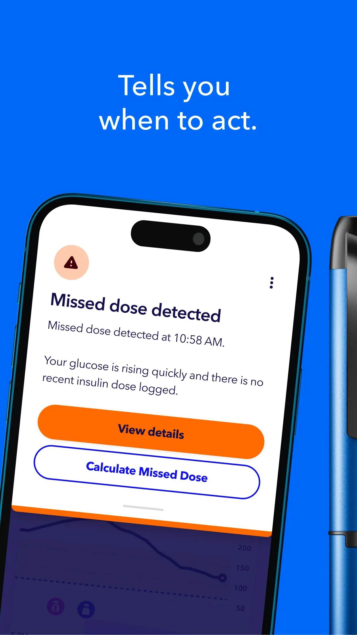 MiniMed Go App Store screen — 'Tells you when to act.': a missed-dose alert with the InPen smart pen