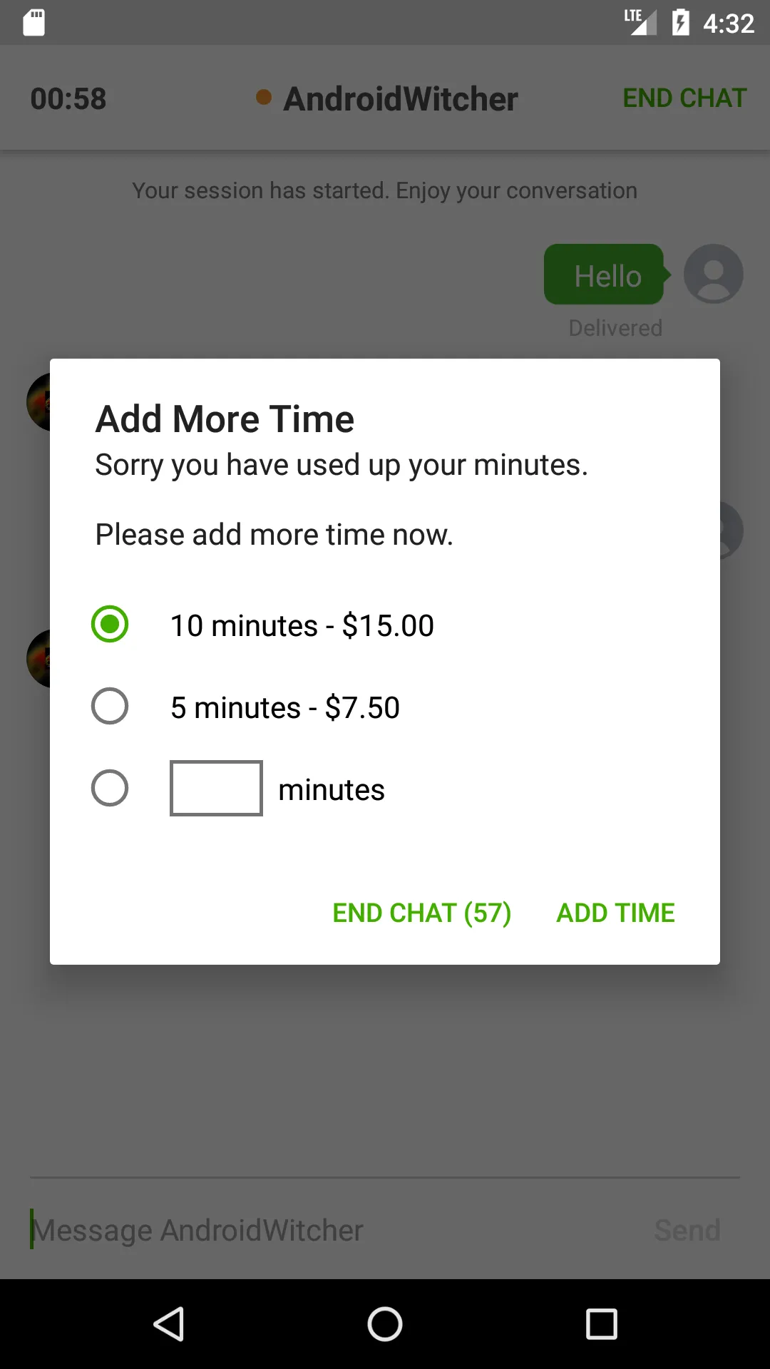 Legacy Keen add-funds sheet during a live chat before the teal redesign