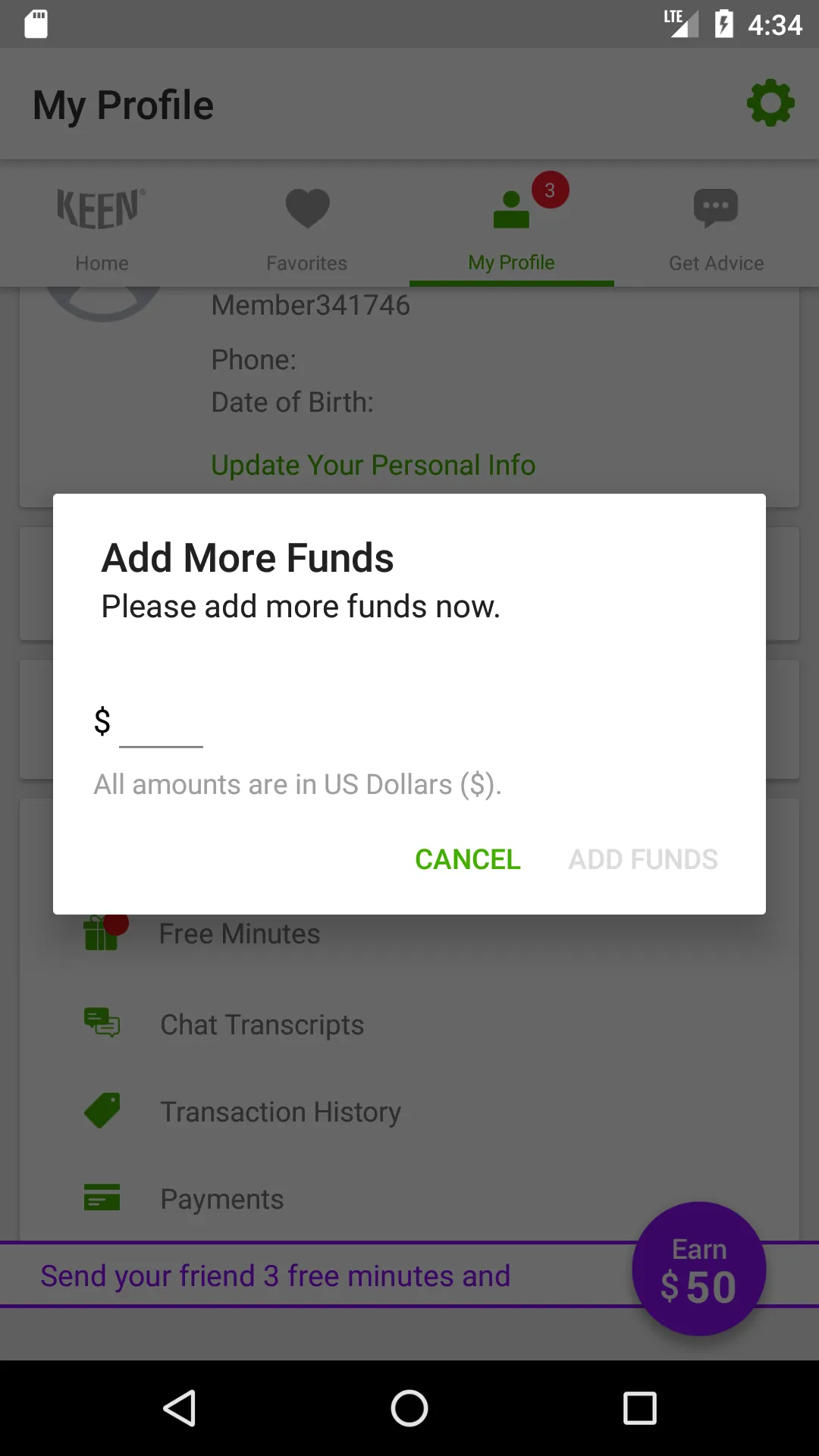 Legacy Keen add-funds sheet from the profile before the teal redesign