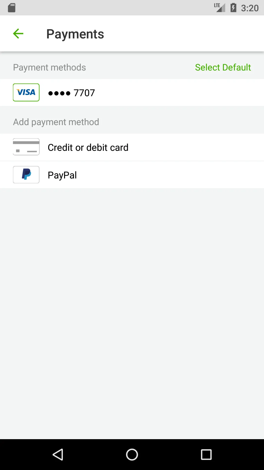 Legacy Keen saved payment methods screen before the teal redesign