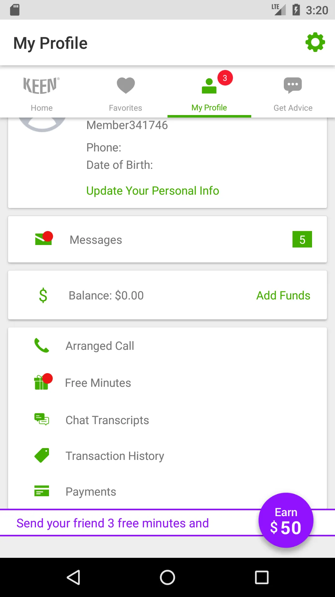 Legacy Keen profile and funded-wallet screen before the teal redesign