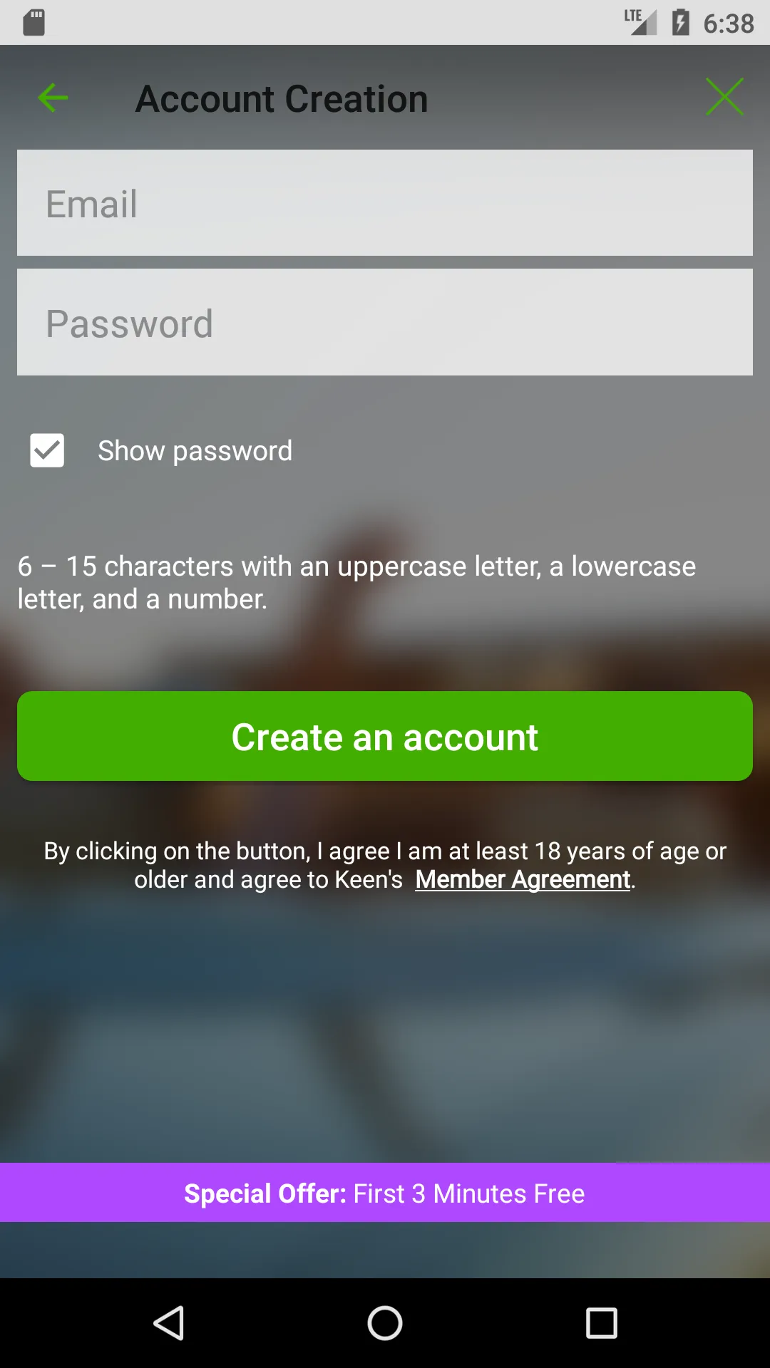 Legacy Keen account sign-up screen before the teal redesign