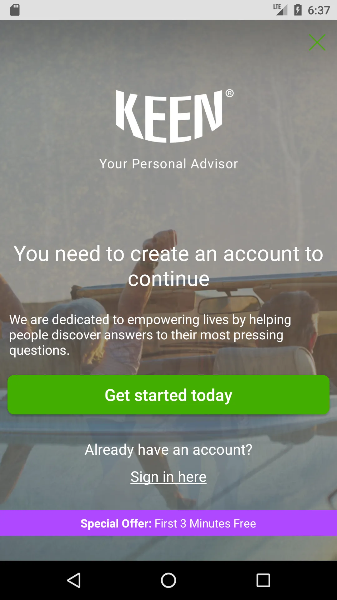 Legacy Keen welcome and authentication screen before the teal redesign