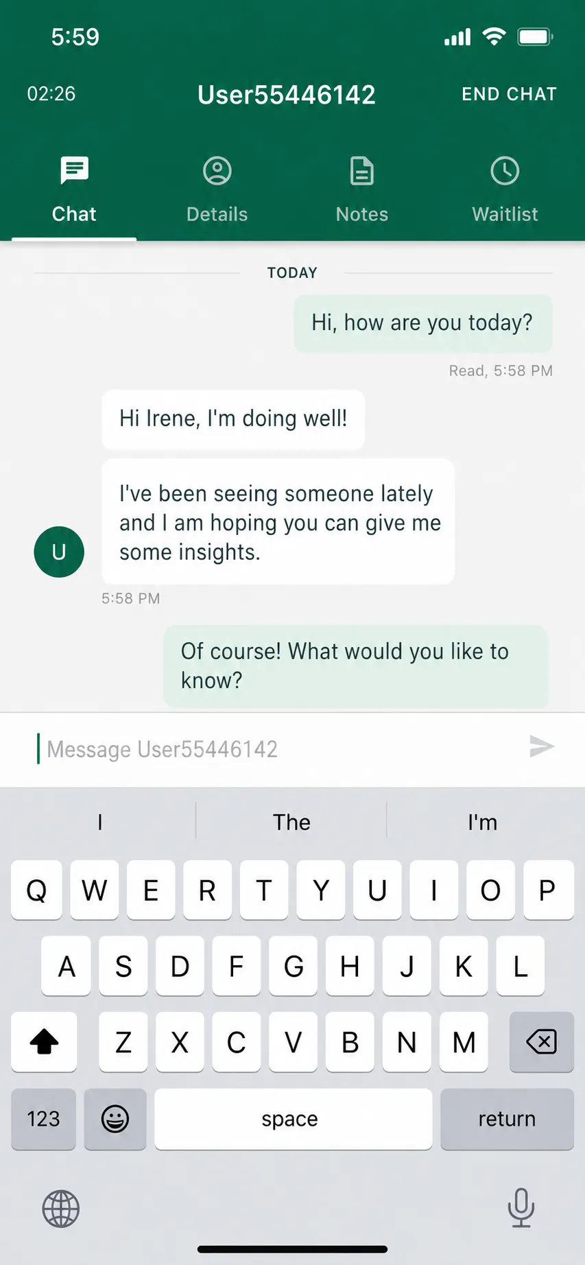Keen Advisor live chat — real product screen