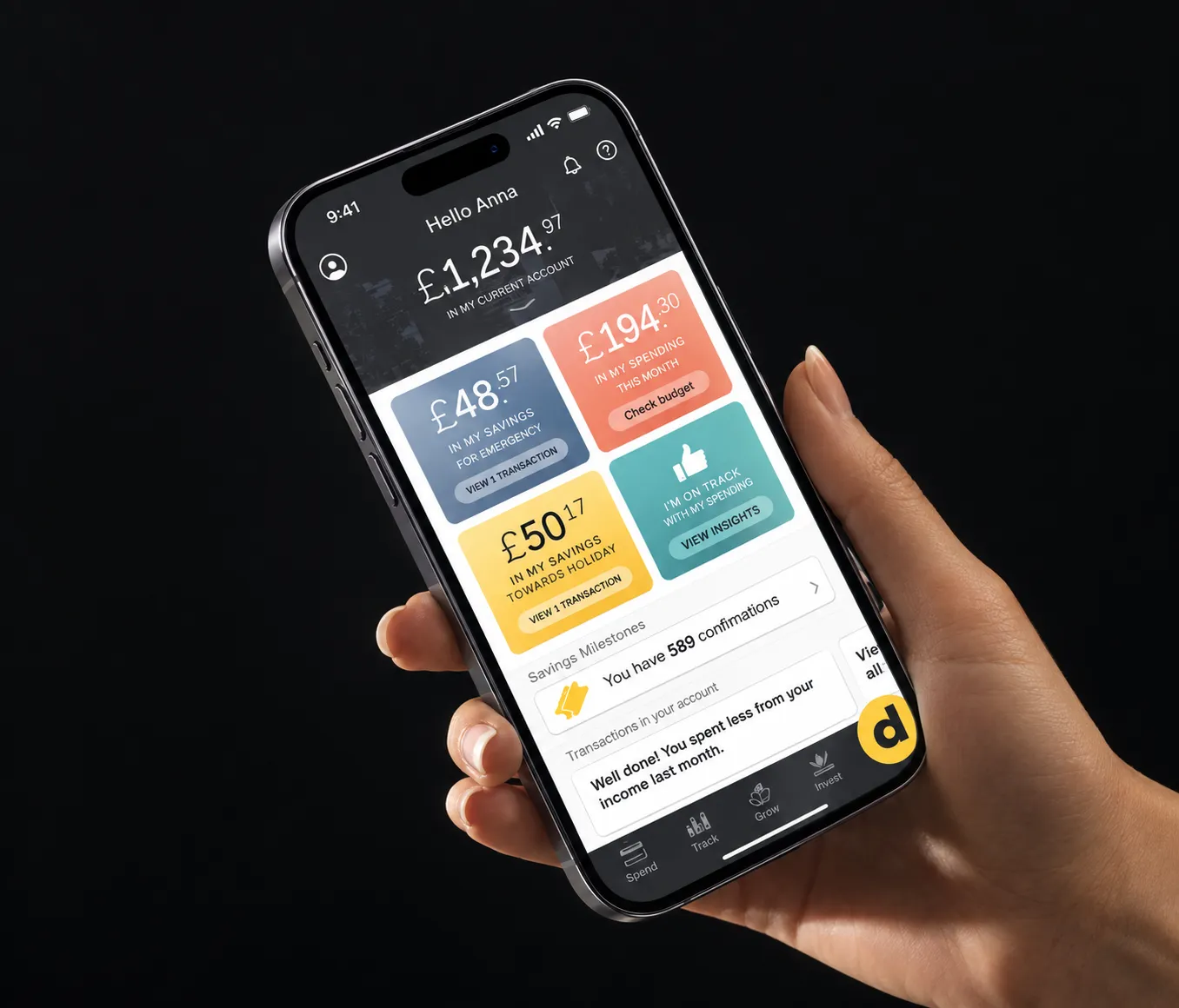 Dozens case-study hero — a hand holding the 'Hello Anna' dashboard with colored spend, save and invest tiles