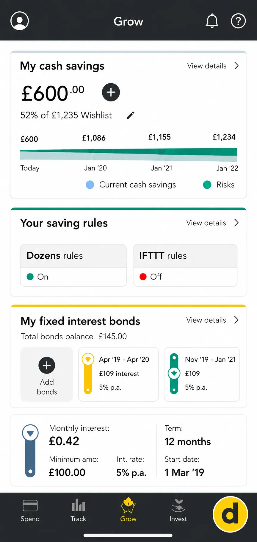 Dozens Grow tab: cash savings, saving rules, 5% fixed-interest bonds