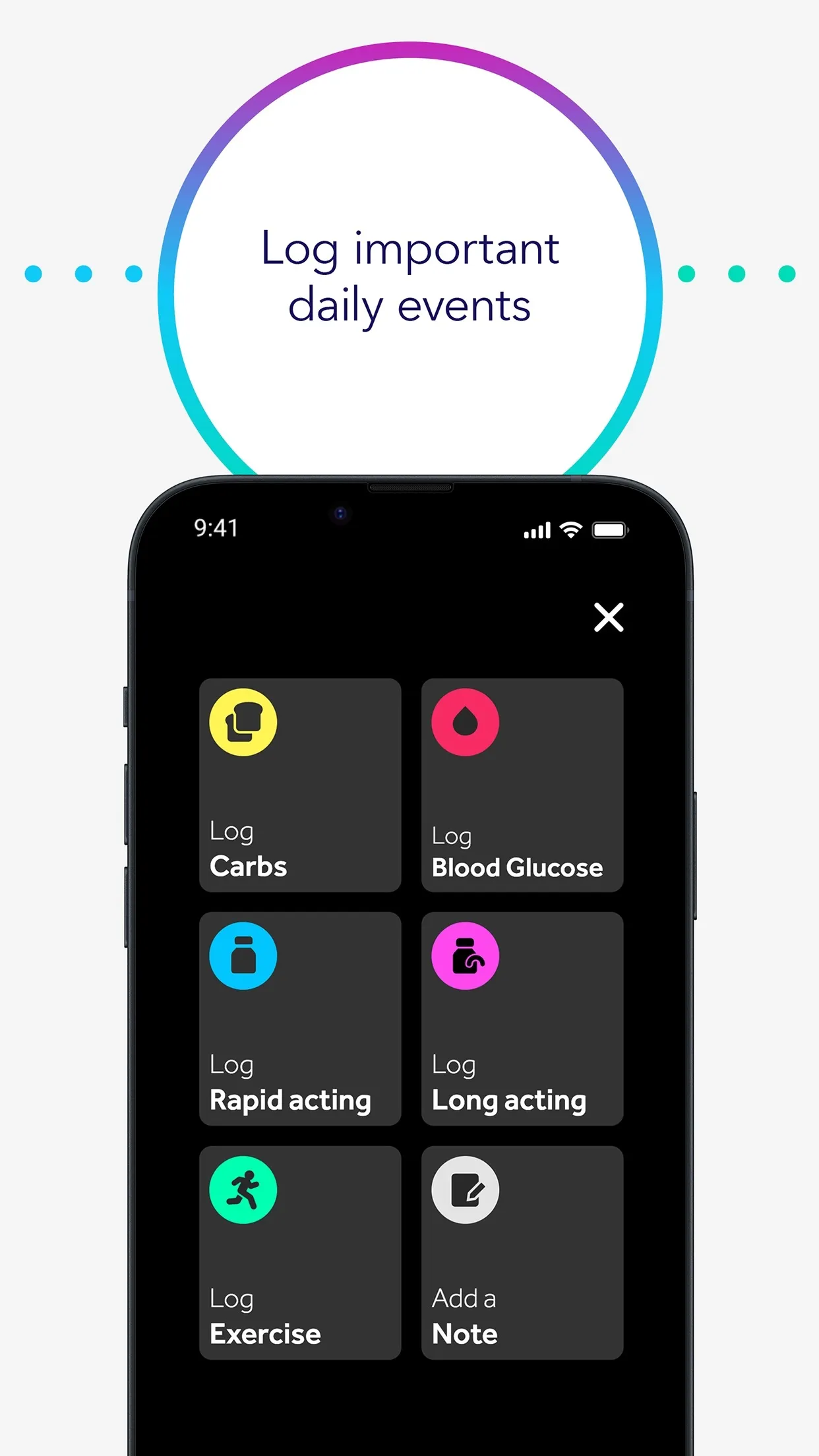 Simplera CGM App Store screen — 'Log important daily events': color-coded logging tiles for carbs, blood glucose, insulin, and exercise